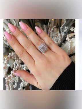 Double Halo Three Shank Emerald Cut  Silver Ring Engagement Size 6